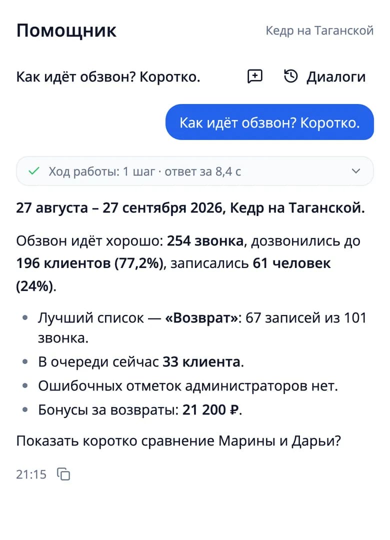 Помощник владельца: вопрос «Как идёт обзвон?» и ответ с цифрами